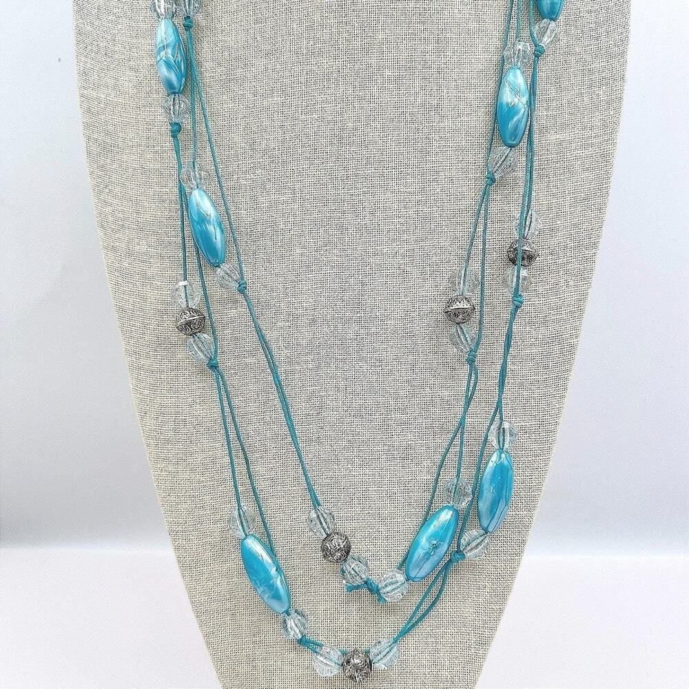 Vintage Y2K Teal Blue Beaded Necklace Boho Cord Statement Women's Jewelry